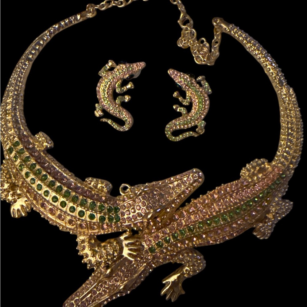 Gold-Tone Alligator Crystal Necklace and Earring Set - Green and Pink